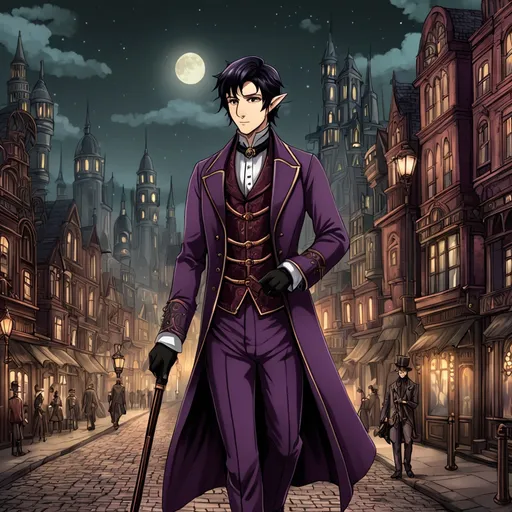 Prompt: anime, male elf, short black hair, fantasy, Victorian plum colour suit, grey victorian overcoat, walking cane, steampunk city background at night.