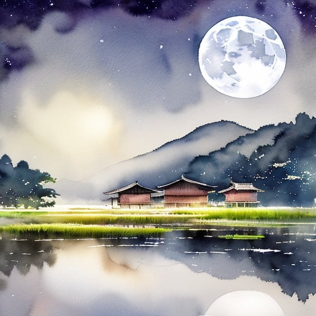 Prompt: Full moon over a serene rice field, water reflecting moonlight, peaceful rural setting, realistic watercolor painting, serene atmosphere, tranquil reflection, high quality, watercolor, peaceful, serene, moonlit, tranquil, realistic, rural, detailed reflection, serene colors, atmospheric lighting