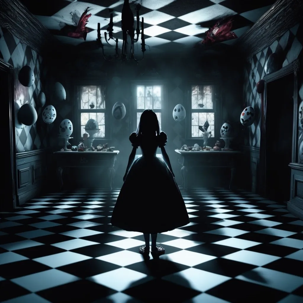 Prompt: Nightmare Alice in Wonderland 3D rendering, eerie and surreal, nightmarish Easter party, swirling patterns, checkered, shadows and eerie lighting, high quality, ultra-detailed, creepy atmosphere, dark tones, haunting, macabre, surreal, intense, detailed characters and environment