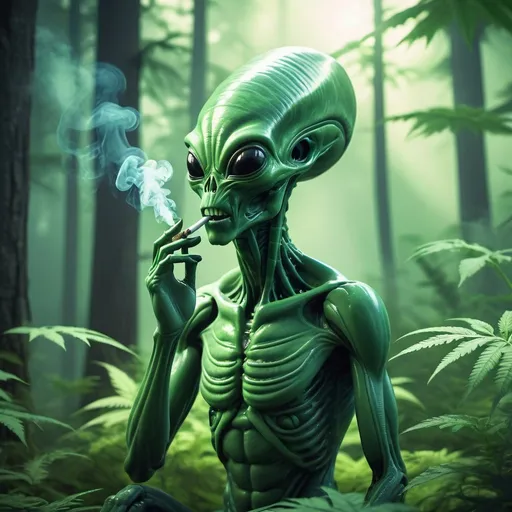 Prompt: Hybrid alien smoking marijuana in a lush forest, sci-fi 3D rendering, vibrant green hues, alien plant life, thick billows of smoke, otherworldly atmosphere, high quality, detailed foliage, alien, marijuana forest, thick smoke, sci-fi, 3D rendering, vibrant green, otherworldly, atmospheric lighting