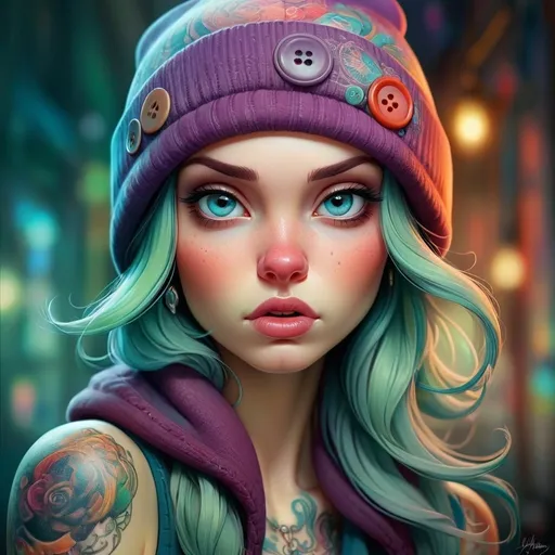 Prompt: Highly detailed digital painting of Anna Dittmann, fantasy art, woman with tattoos, beanie hat, cute button nose, digital painting, detailed tattoos, professional, fantasy, highly detailed, colorful, intricate, vibrant colors, atmospheric lighting