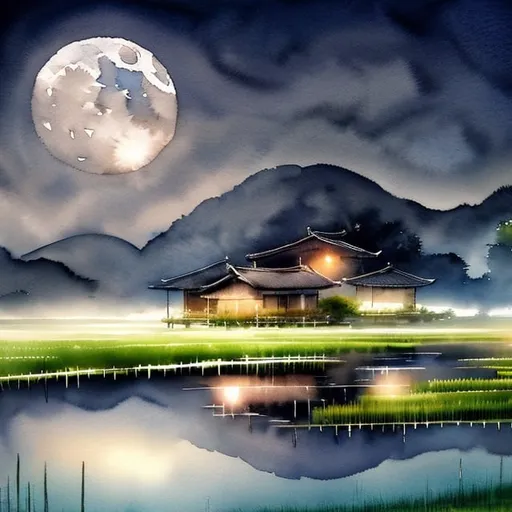 Prompt: Full moon over a serene rice field, water reflecting moonlight, peaceful rural setting, realistic watercolor painting, serene atmosphere, tranquil reflection, high quality, watercolor, peaceful, serene, moonlit, tranquil, realistic, rural, detailed reflection, serene colors, atmospheric lighting