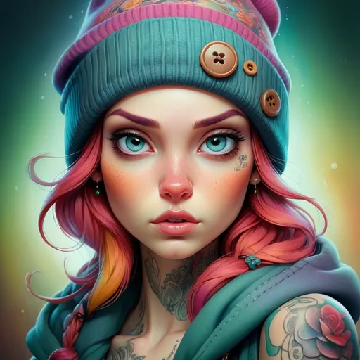 Prompt: Highly detailed digital painting of Anna Dittmann, fantasy art, woman with tattoos, beanie hat, cute button nose, digital painting, detailed tattoos, professional, fantasy, highly detailed, colorful, intricate, vibrant colors, atmospheric lighting