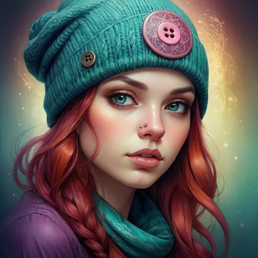 Prompt: Highly detailed digital painting of Anna Dittmann, fantasy art, woman with tattoos, beanie hat, cute button nose, digital painting, detailed tattoos, professional, fantasy, highly detailed, colorful, intricate, beanie hat, cute button nose, artistic style, vibrant colors, atmospheric lighting