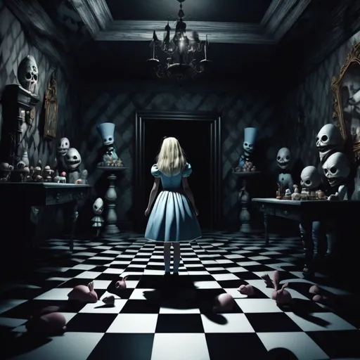 Prompt: Nightmare Alice in Wonderland 3D rendering, eerie and surreal, nightmarish Easter party, swirling patterns, checkered, shadows and eerie lighting, high quality, ultra-detailed, creepy atmosphere, dark tones, haunting, macabre, surreal, intense, detailed characters and environment