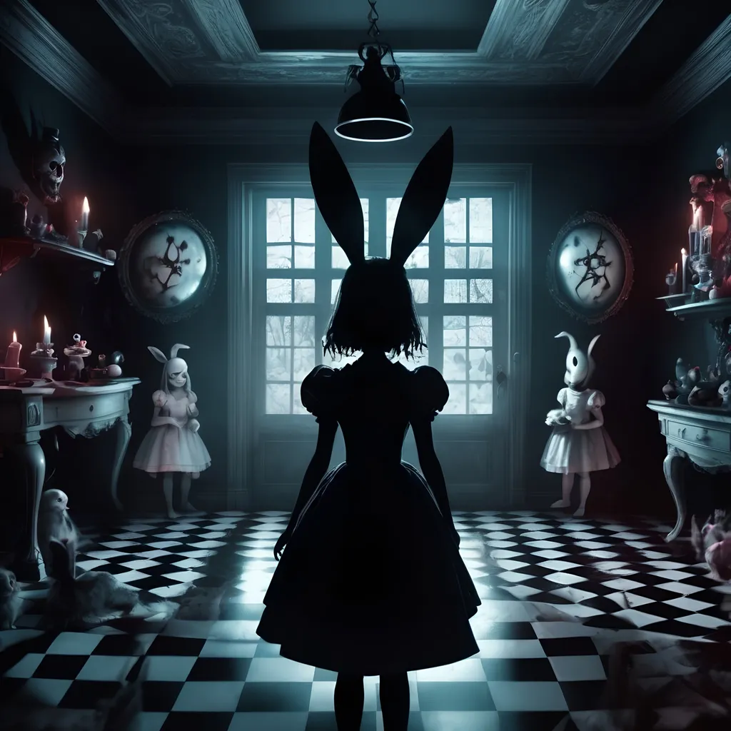 Prompt: Nightmare Alice in Wonderland 3D rendering, eerie and surreal, nightmarish Easter party, swirling patterns, checkered, shadows and eerie lighting, high quality, ultra-detailed, creepy atmosphere, dark tones, haunting, macabre, surreal, intense, detailed characters and environment