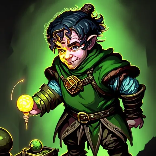 Prompt: Dungeons and Dragons fantasy art of a male halfling artificer, dark green hair, tinkerer in a workshop, detailed fantasy setting, highres, fantasy art, halfling, male, artificer, tinkerer, dark green hair, workshop, detailed, fantasy setting, professional, atmospheric lighting
