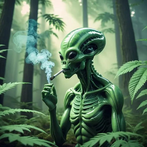 Prompt: Hybrid alien smoking marijuana in a lush forest, sci-fi 3D rendering, vibrant green hues, alien plant life, thick billows of smoke, otherworldly atmosphere, high quality, detailed foliage, alien, marijuana forest, thick smoke, sci-fi, 3D rendering, vibrant green, otherworldly, atmospheric lighting