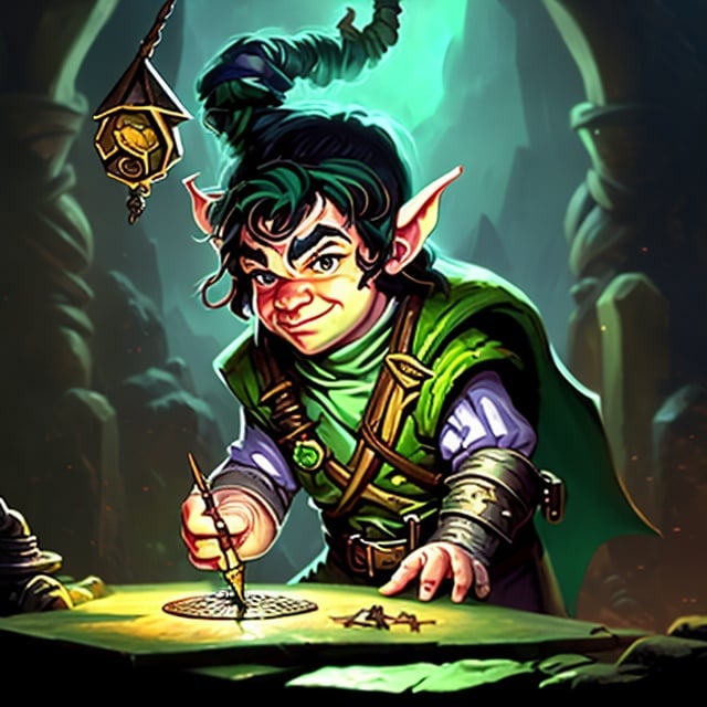 Prompt: Dungeons and Dragons fantasy art of a male halfling artificer, dark green hair, tinkerer in a workshop, detailed fantasy setting, highres, fantasy art, halfling, male, artificer, tinkerer, dark green hair, workshop, detailed, fantasy setting, professional, atmospheric lighting