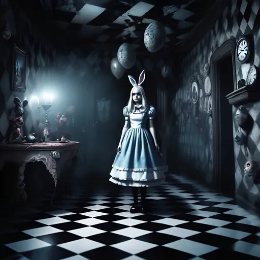 Prompt: Nightmare Alice in Wonderland 3D rendering, eerie and surreal, nightmarish Easter party, swirling patterns, checkered, shadows and eerie lighting, high quality, ultra-detailed, creepy atmosphere, dark tones, haunting, macabre, surreal, intense, detailed characters and environment