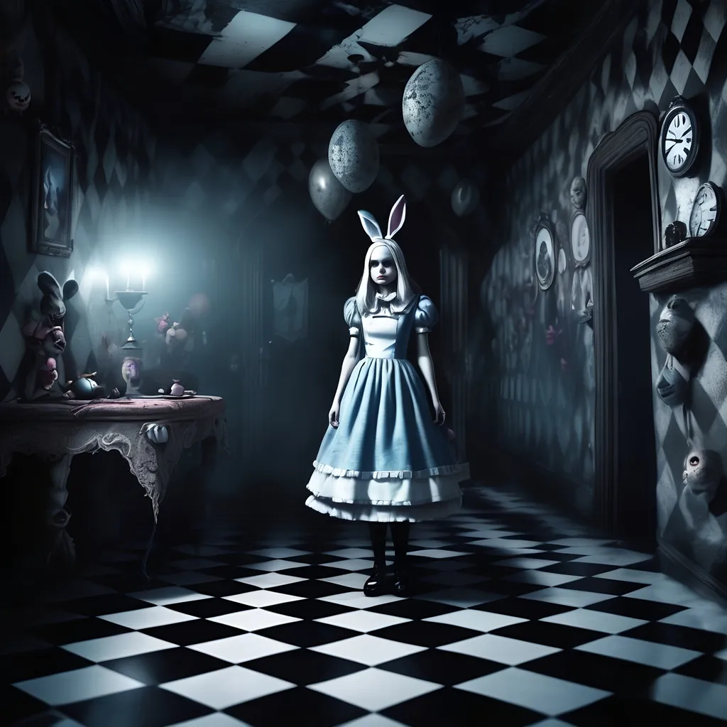 Prompt: Nightmare Alice in Wonderland 3D rendering, eerie and surreal, nightmarish Easter party, swirling patterns, checkered, shadows and eerie lighting, high quality, ultra-detailed, creepy atmosphere, dark tones, haunting, macabre, surreal, intense, detailed characters and environment