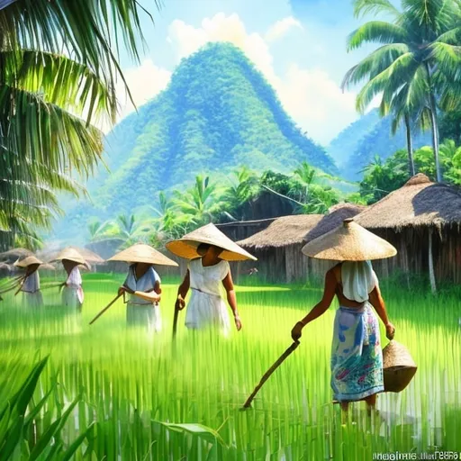 Prompt: Harvesting rice midday in the Philippine tropical countryside in watercolor, farmers in traditional hats and attire, vibrant green rice fields, warm sunlight filtering through the trees, realistic details, high-quality, realistic, traditional, tropical colors, vibrant, detailed landscape, midday sun, tropical countryside, traditional farming, detailed clothing, warm lighting