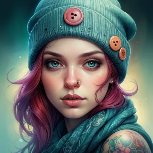 Prompt: Highly detailed digital painting of Anna Dittmann, fantasy art, woman with tattoos, beanie hat, cute button nose, digital painting, detailed tattoos, professional, fantasy, highly detailed, colorful, intricate, beanie hat, cute button nose, artistic style, vibrant colors, atmospheric lighting