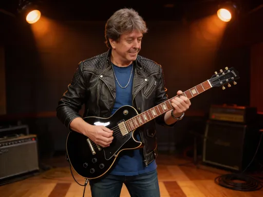 Prompt: @U6FKofPiMSs0E1gtIkT5is playing a black electric Les Paul guitar