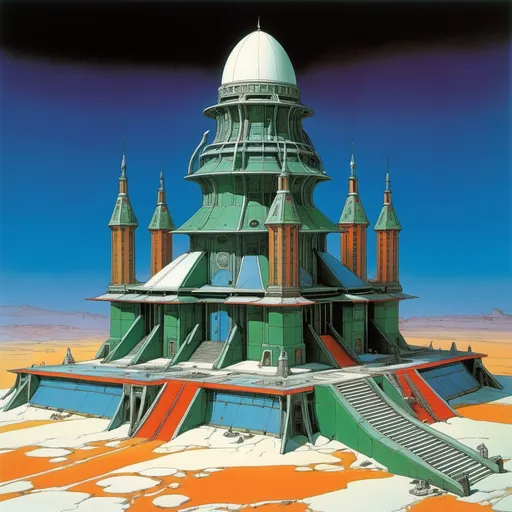 Prompt: moebius 40k vibrant blue green red white orange sanctuary temple