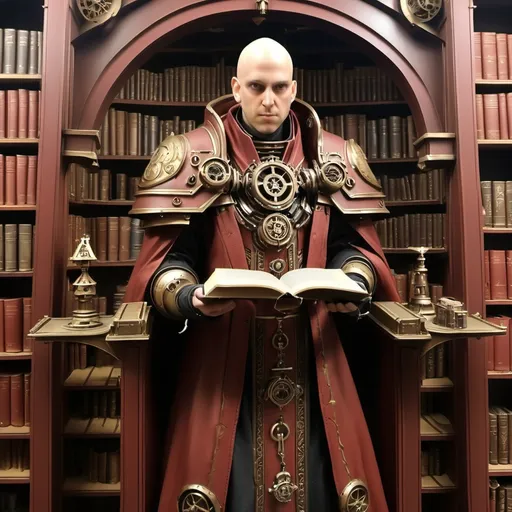 Prompt: secret library book librarium rare adeptus mechanicum priest