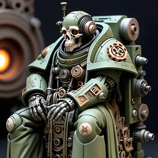 Prompt: moebius 40k omnissiah mute camoflaged robe pen tablet contemplating cogs machine god