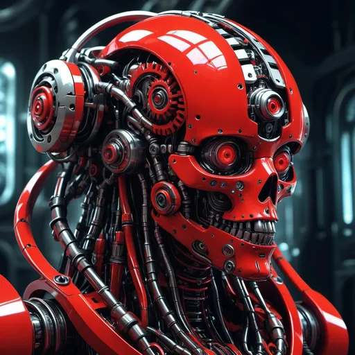 Prompt: (futuristic-biomechanical style), (vibrant color scheme), machine, human face, god, adeptus mechanicus, sect secrets, intricate machinery, complex designs, striking contrasts of red, black, and white, glossy textures, luminous accents, otherworldly aura, immersive depth, ultra-detailed, high-quality visual, cutting-edge aesthetics, dynamic and avant-garde representation.