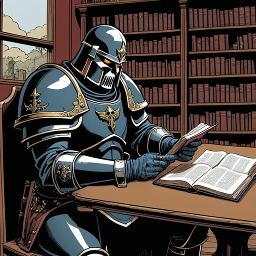 Prompt: Detailed Graphic Novel, landfields, detailed, dark colors, dramatic, 40k warhammer,  2d shaded retro comic book, librarian, man, armour, reading, table