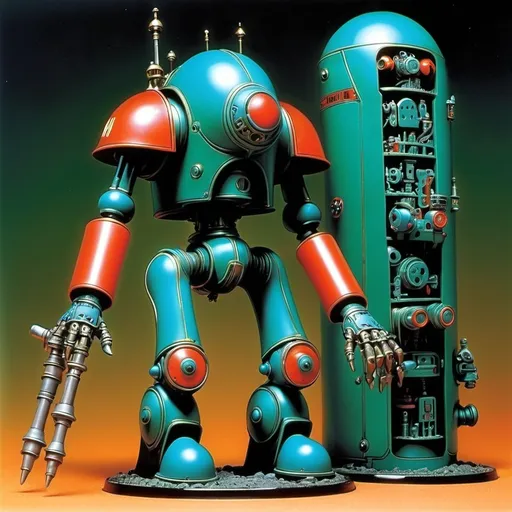 Prompt: moebius 40k vibrant blue green red white orange adeptus mechanicus