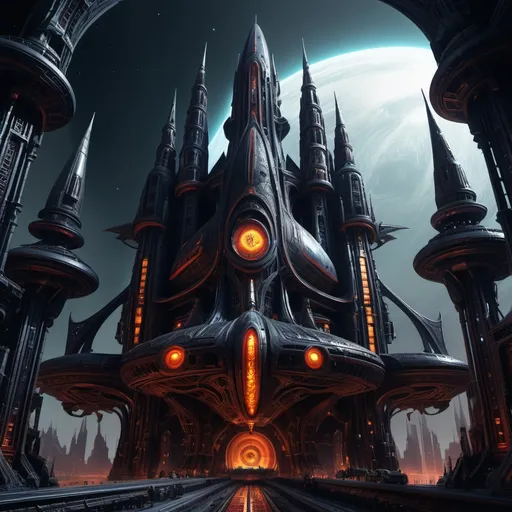 Prompt: (misc-gothic spaceship), vibrant color scheme, intricate and ornate designs, dark and vivid hues, heavily detailed, futuristic elements combined with gothic architecture, atmospheric and imposing, intense energy emanating, unique moebius-like curves and structures, influenced by Warhammer 40K, sci-fi ambiance, high-quality, ultra-detailed rendering.