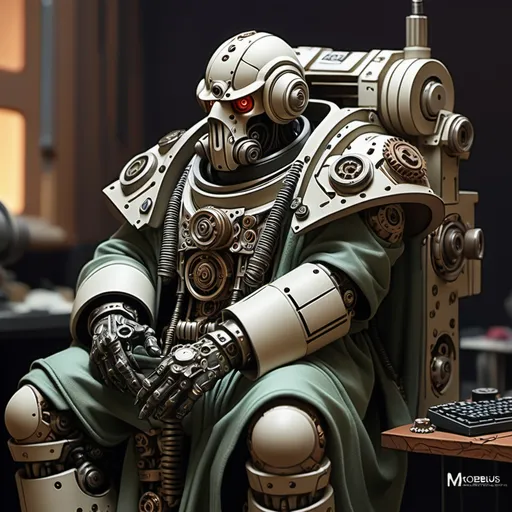 Prompt: moebius 40k omnissiah mute camoflaged robe pen tablet contemplating cogs machine god