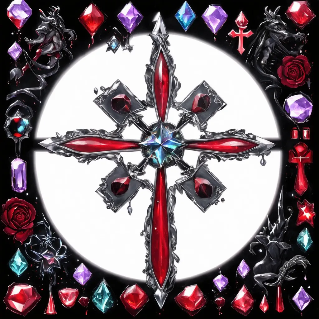 Prompt: nova, neutron star, binary star, crosses, anime characters, Black, red, grey, purple,fantasy style
use of sigils, spells, implementing many decorations, which can be jewels, crosses, stars, flowers and lots of symbols, primarily sigils, akin to Old Web imagery, mythical creatures, bloodstains,crystals