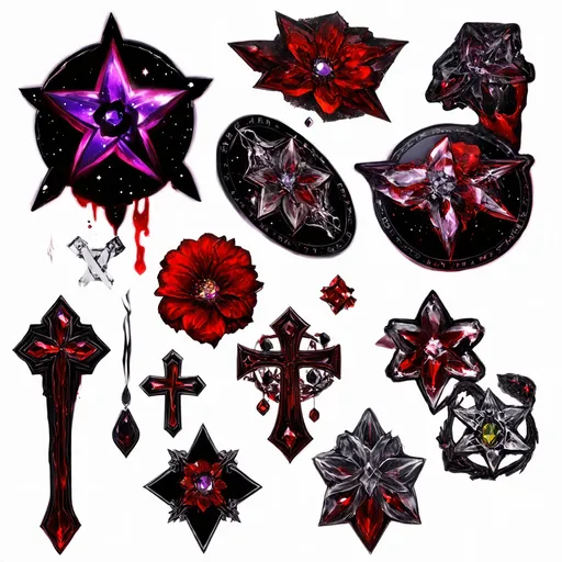 Prompt: nova, neutron star, binary star, crosses, anime characters, Black, red, grey, purple,fantasy style
use of sigils, spells, implementing many decorations, which can be jewels, crosses, stars, flowers and lots of symbols, primarily sigils, akin to Old Web imagery, mythical creatures, bloodstains,crystals