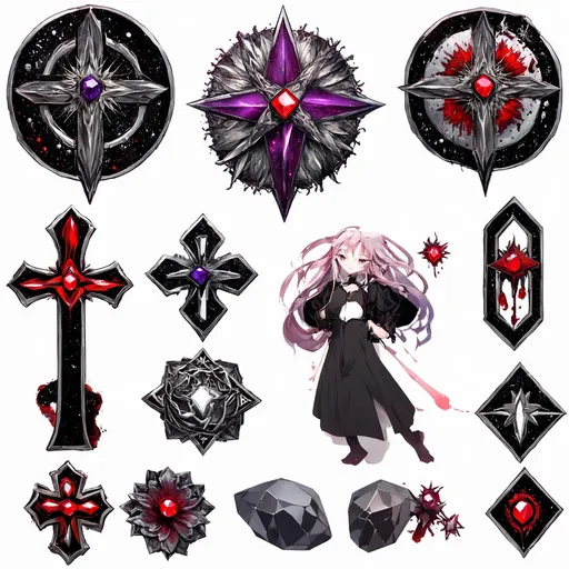 Prompt: nova, neutron star, binary star, crosses, anime characters, Black, red, grey, purple,fantasy style
use of sigils, spells, implementing many decorations, which can be jewels, crosses, stars, flowers and lots of symbols, primarily sigils, akin to Old Web imagery, mythical creatures, bloodstains,crystals