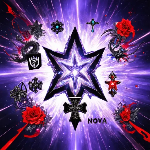 Prompt: nova, neutron star, binary star, crosses, anime characters, Black, red, grey, purple,fantasy style
use of sigils, spells, implementing many decorations, which can be jewels, crosses, stars, flowers and lots of symbols, primarily sigils, akin to Old Web imagery, mythical creatures, bloodstains,crystals