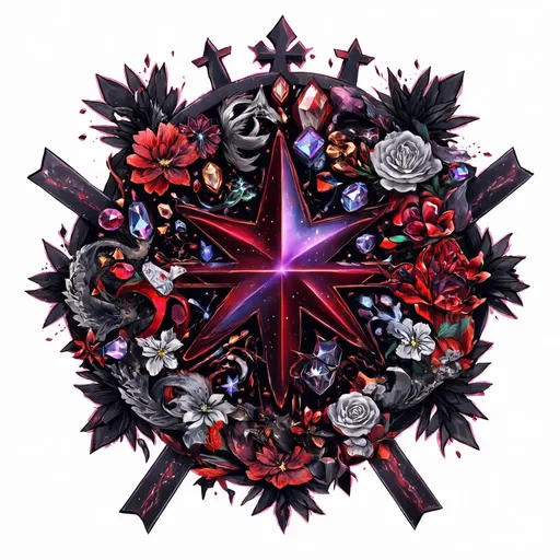 Prompt: nova, neutron star, binary star, crosses, anime characters, Black, red, grey, purple,fantasy style
use of sigils, spells, implementing many decorations, which can be jewels, crosses, stars, flowers and lots of symbols, primarily sigils, akin to Old Web imagery, mythical creatures, bloodstains,crystals