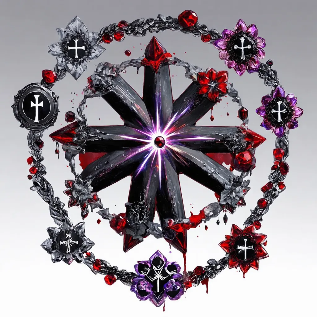 Prompt: nova, neutron star, binary star, crosses, anime characters, Black, red, grey, purple,fantasy style
use of sigils, spells, implementing many decorations, which can be jewels, crosses, stars, flowers and lots of symbols, primarily sigils, akin to Old Web imagery, mythical creatures, bloodstains,crystals