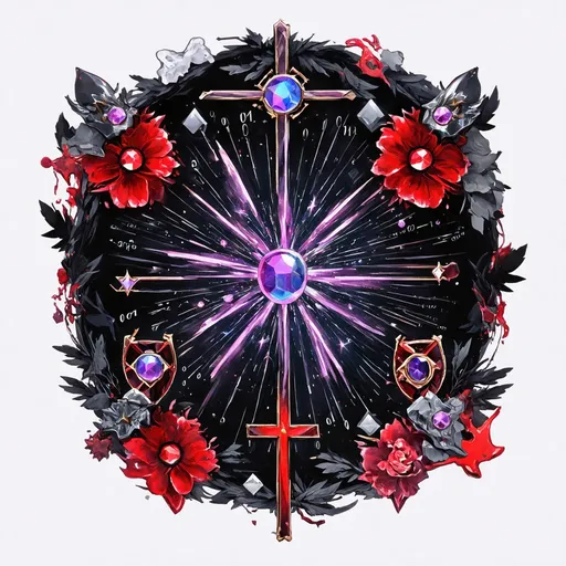 Prompt: nova, neutron star, binary star, crosses, anime characters, Black, red, grey, purple,fantasy style
use of sigils, spells, implementing many decorations, which can be jewels, crosses, stars, flowers and lots of symbols, primarily sigils, akin to Old Web imagery, mythical creatures, bloodstains,crystals