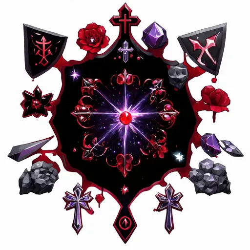 Prompt: nova, neutron star, binary star, crosses, anime characters, Black, red, grey, purple,fantasy style
use of sigils, spells, implementing many decorations, which can be jewels, crosses, stars, flowers and lots of symbols, primarily sigils, akin to Old Web imagery, mythical creatures, bloodstains,crystals