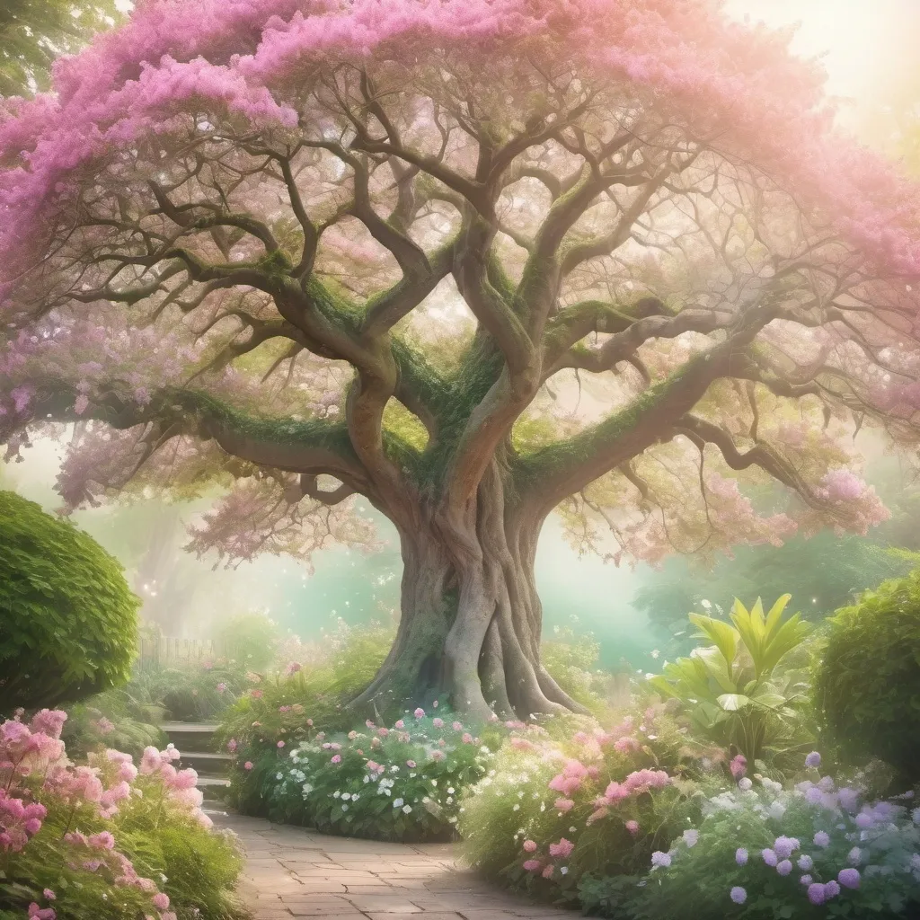 Prompt: Large tree in a fantasy garden, soft background
