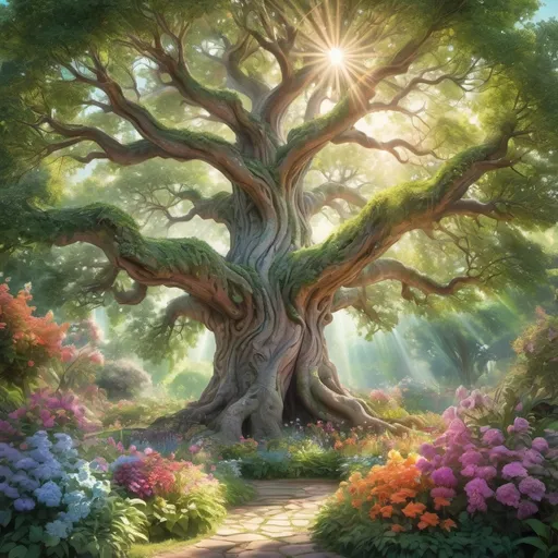 Prompt: Large tree in a fantasy garden, soft background, summer colors

