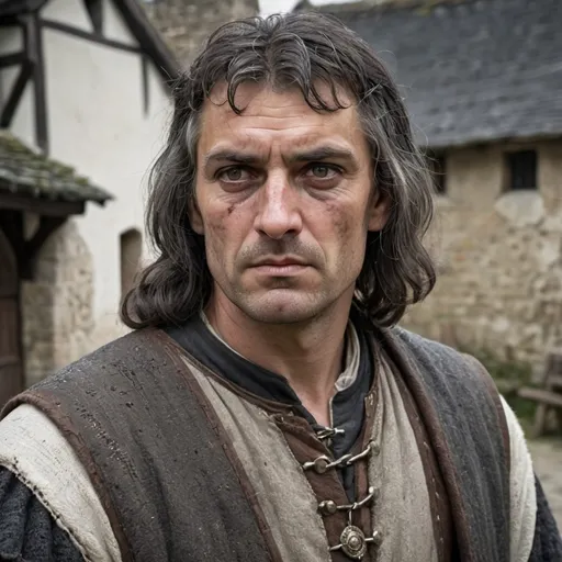 Prompt: Medieval man, medium height, middle aged, haughty dark hair flecked with grey, raw, stale eyes,  medieval village lord clothing