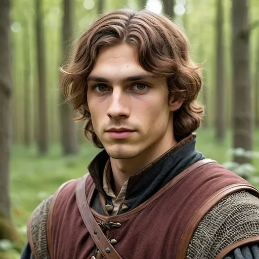Prompt: Medium height, young man, softly wavy darker amber  hair, brown eyes, medieval forester clothing