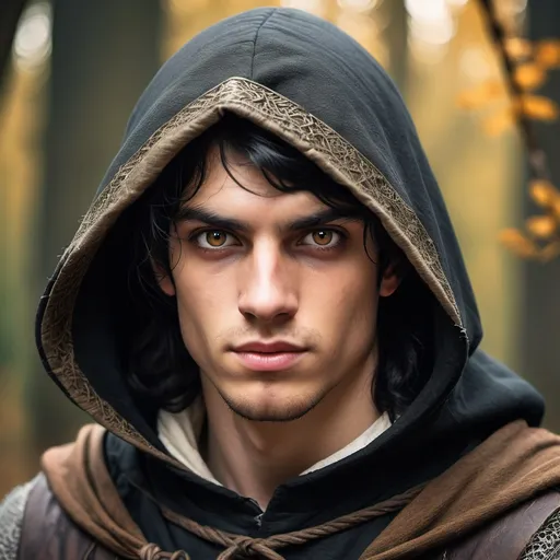 Prompt: A young medieval man, forester clothing, black hair, amber eyes, hooded