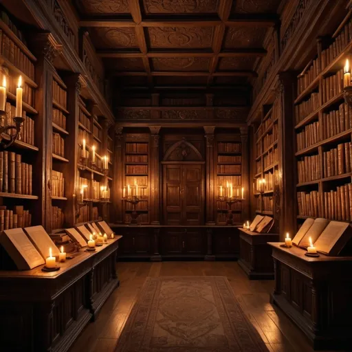 Prompt: Ancient wood library with candles and scrolls, horizontal layout 
