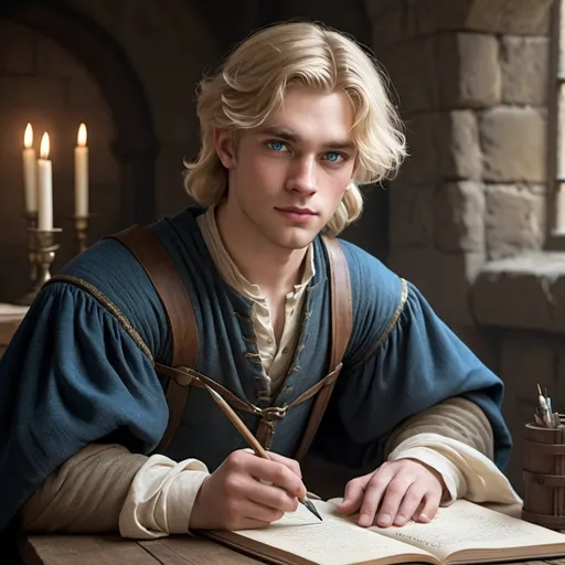 Prompt: A young, medieval man, blond hair, blue eyes, holding a quill, his left hand wrapped up, writer's clothes
