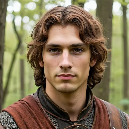 Prompt: Medium height, young man, softly wavy darker amber  hair, brown eyes, medieval forester clothing