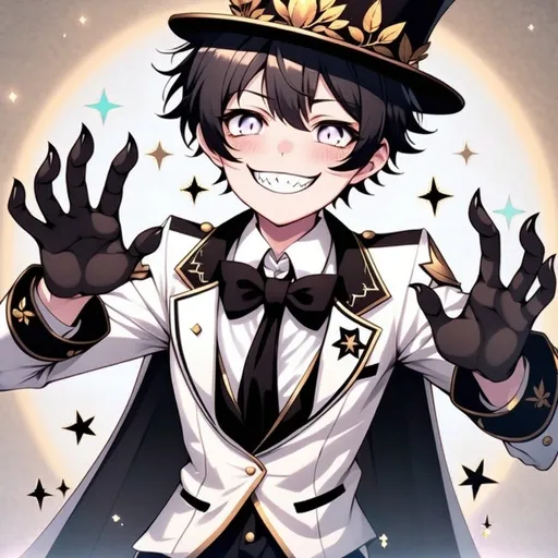 Prompt: anime, detailed, he has a smooth, featureless face with a wide, exaggerated grin and multiple stylized eyes, some appearing on the hat and floating around the head. They have dark, claw-like hands contrasting with the light-colored attire. The character wears a large white top hat adorned with gold decorations, including a laurel wreath and other ornate elements. Their outfit includes a white suit with gold trim, shoulder pads with gold details and wing-like designs, and a classic black bow tie. They also have a flowing white cape that transitions to light blue with star-like sparkles at the bottom, very detailed