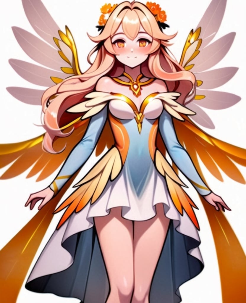 Prompt: anime, girl, young, detailed, She has light gold wings that are large and feathery, suggesting a gentle and serene nature. Her hair is blonde and styled in soft waves that frame her face, which has a cheerful and friendly expression with rosy cheeks. She wears a flowing, off-the-shoulder baby blue dress that complements the color of her wings. The dress is accentuated with gold bands around her neck, upper arms, and lower legs, adding a touch of elegance, very detailed