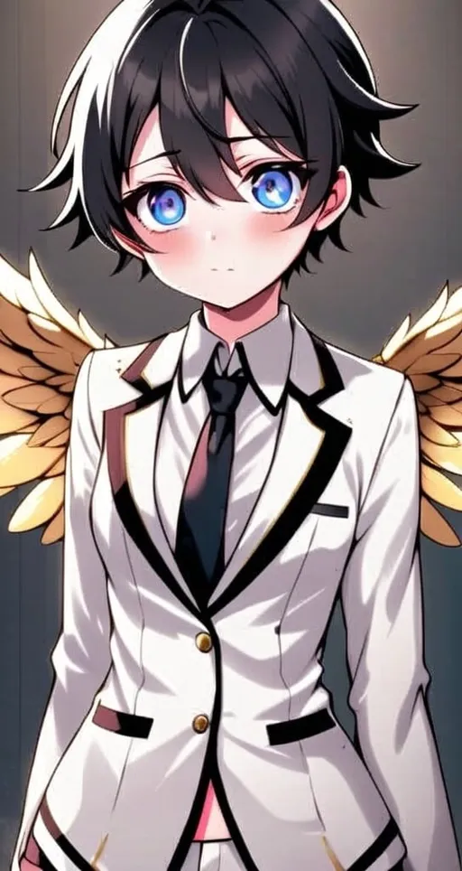 Prompt: anime, detailed, has blue eyes with pink blush marks under them, wears a white suit, has six golden wings and three eyes, very detailed