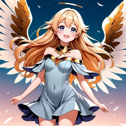 Prompt: anime, girl, young, detailed, She has light gold wings that are large and feathery, suggesting a gentle and serene nature. Her hair is blonde and styled in soft waves that frame her face, which has a cheerful and friendly expression with rosy cheeks. She wears a flowing, off-the-shoulder baby blue dress that complements the color of her wings. The dress is accentuated with gold bands around her neck, upper arms, and lower legs, adding a touch of elegance, very detailed
