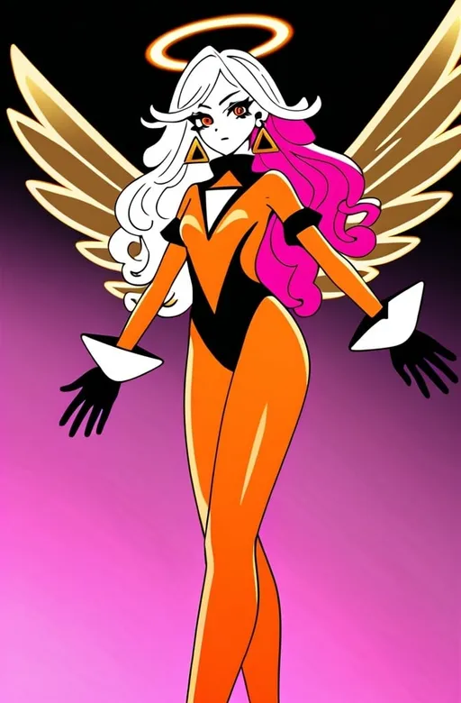 Prompt:  detailed, large, expressive bright red eyes and long, wavy hair that transitions from light pink to magenta. A glowing halo floats above her head, and large, golden wings. She wears a form-fitting orange bodysuit with black and white accents, featuring a high collar, flared cuffs, and a semi-transparent orange skirt. Her accessories include triangle-shaped earrings and black gloves covering her forearms. Her legs are white with orange accents, and orange high-heeled boots, very detailed, in the style of Hazbin hotel 