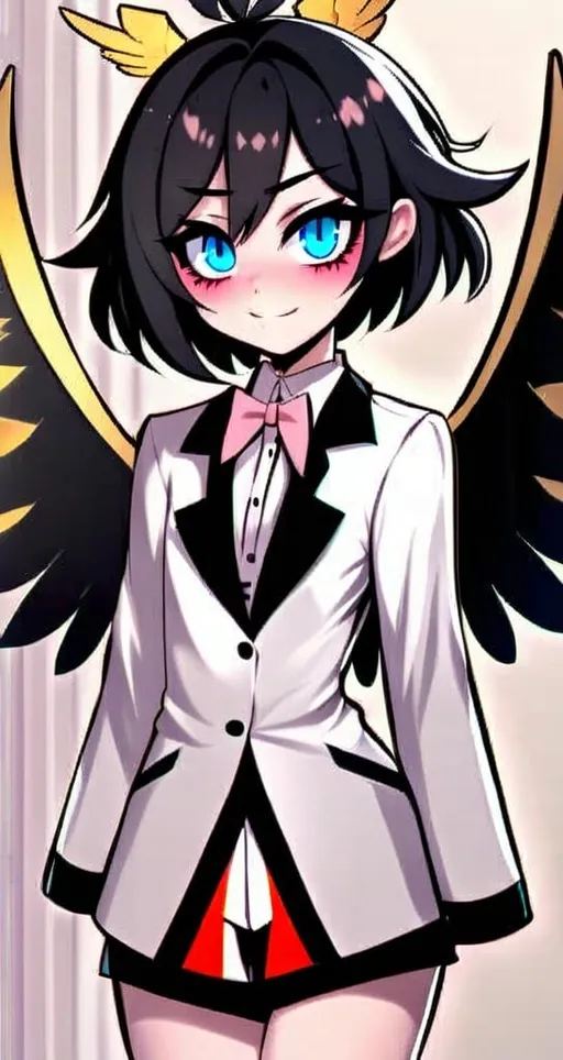 Prompt: has three, blue eyes with pink blush marks under them, wears a white suit, has six golden wings, very detailed, in the style of Hazbin Hotel. 