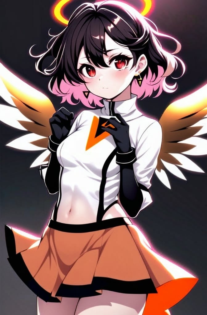 Prompt: anime, girl, detailed, large, expressive bright red eyes and long, wavy hair that transitions from light pink to magenta. A glowing halo floats above her head, and large, golden wings. She wears a form-fitting orange bodysuit with black and white accents, featuring a high collar, flared cuffs, and a semi-transparent orange skirt. Her accessories include triangle-shaped earrings and black gloves covering her forearms. Her legs are white with orange accents, and orange high-heeled boots, very detailed