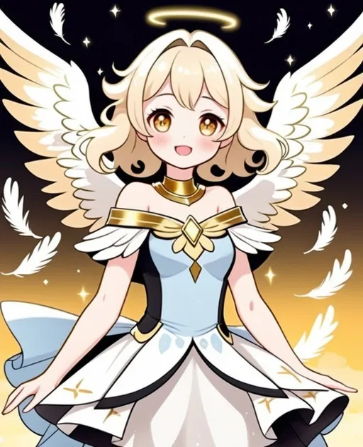 Prompt: anime, girl, young, detailed, She has light gold wings that are large and feathery, suggesting a gentle and serene nature. Her hair is blonde and styled in soft waves that frame her face, which has a cheerful and friendly expression with rosy cheeks. She wears a flowing, off-the-shoulder baby blue dress that complements the color of her wings. The dress is accentuated with gold bands around her neck, upper arms, and lower legs, adding a touch of elegance, very detailed